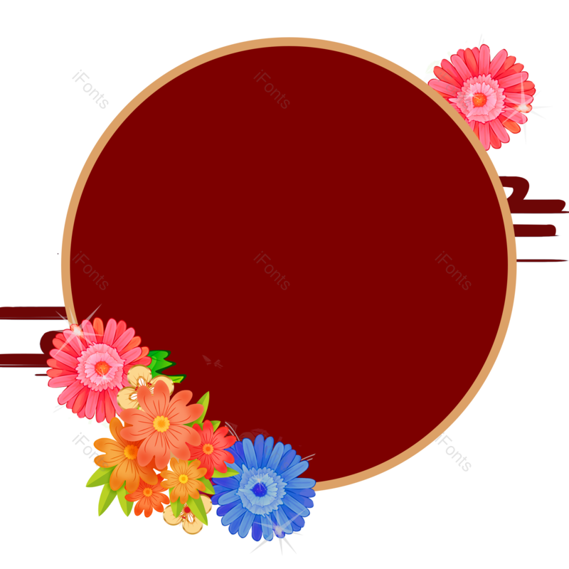 复古图片,圆形框元素,花朵PNG,红色免抠素材